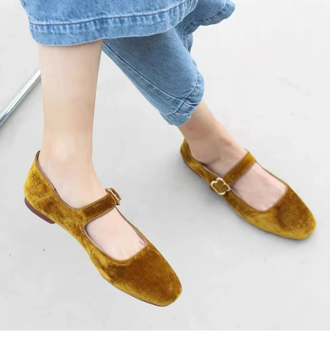 Velvet Mary Janes Belt Strap Shoes Square Toe Flats Ballerina Dress Barefoot Loafers Brides Ballets Femmes
