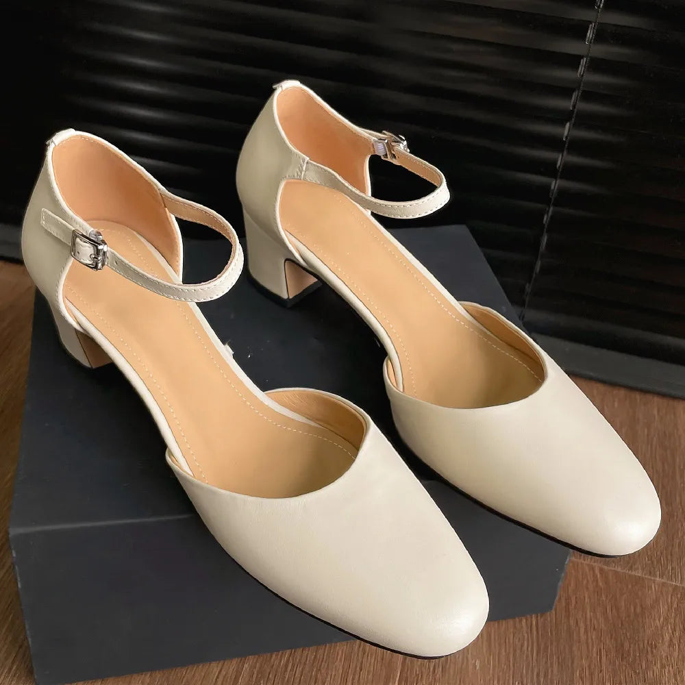 genuine leather 4.5cm thick med heel round toe ankle strap sandals elegant soft comfortable