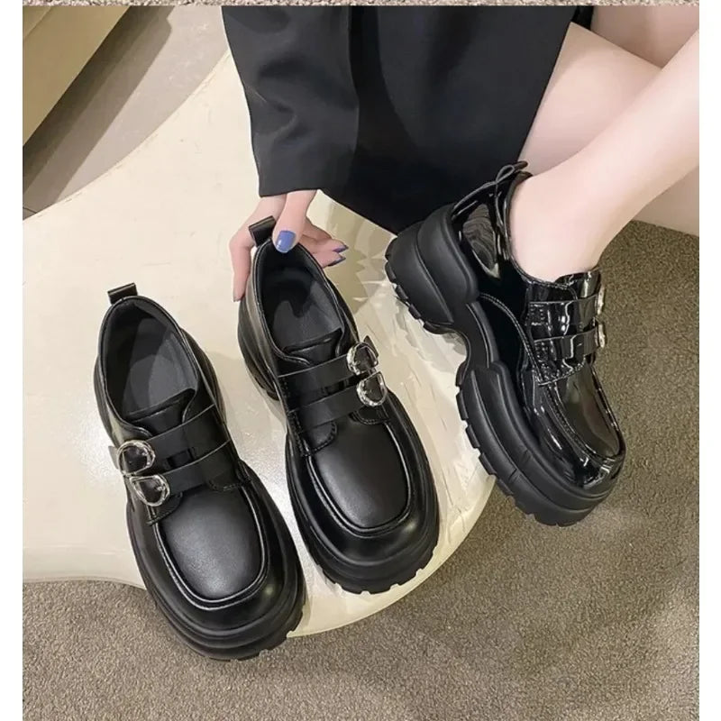 Loafers High Platform 7CM Shoes Thick Sole PU Leather British Metal Buckle Simple Mary Jane Shoes