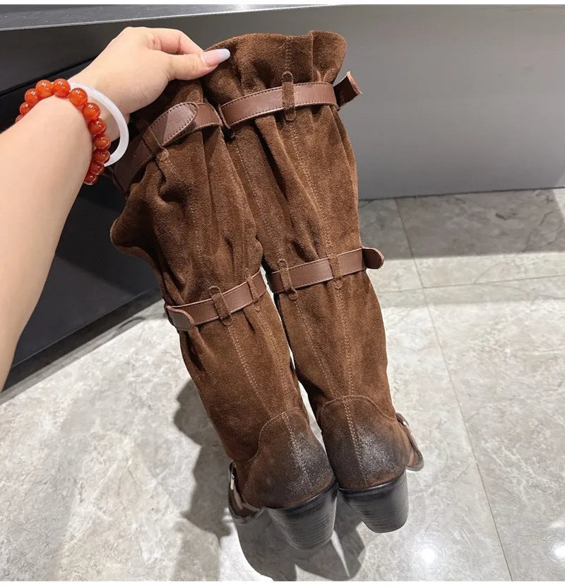 Vintage Pleated Belt Buckle Faux Suede Knee High Boots High heels Western Cowboy Knight Boots Shoes