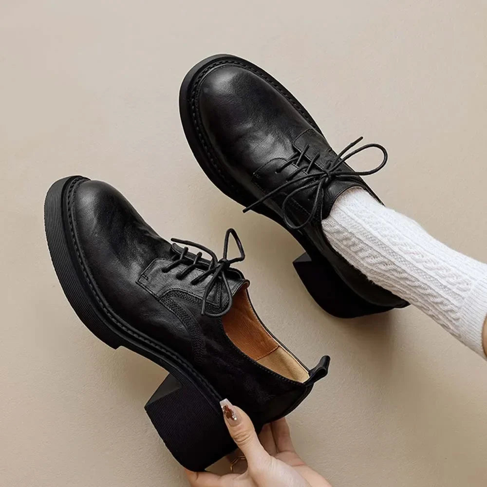 Womens Cowhide Lace Up Flat Shoes Oxford Round Toe Retro British High-Quality Soft Comfortable All Season Daily Shoes