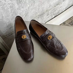 Genuine Calfskin Slip On Round Toe Square Heel Shallow Casual Outdoor Shoes