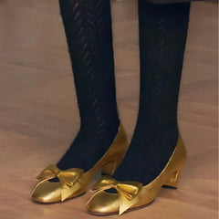 Round Toe Bow Decor Pumps Block Low Heels Slip On Hollow Sweet Dress Daily Party Elegant Design Sandals
