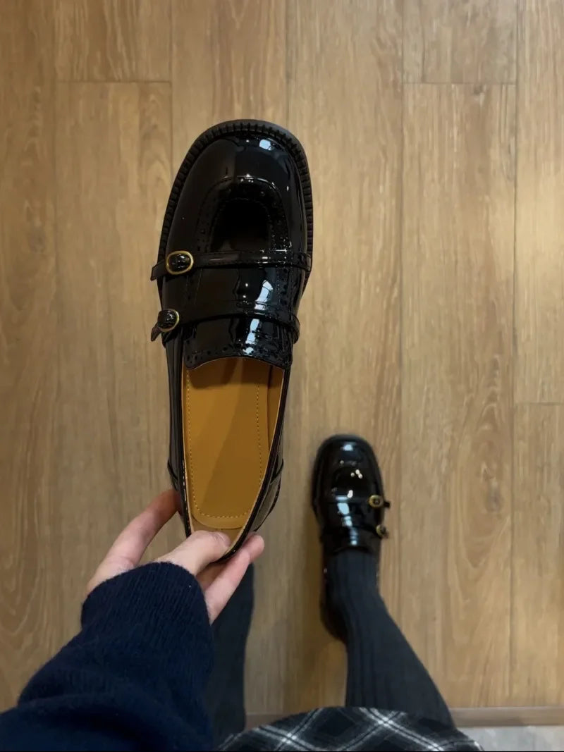High Quality Patent Leather Loafers Double Narrow Band Buckle Shoes Retro British Style Zapatos De Mujer