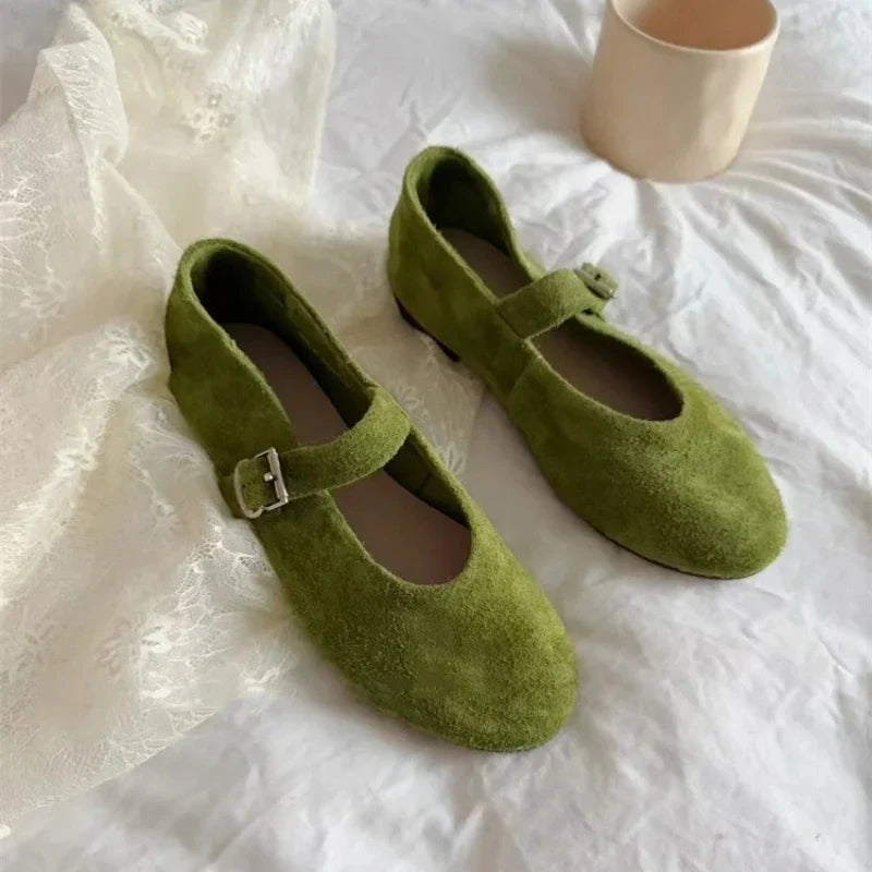Leather Mary Janes Flats Shoes Cow Suede Buckle Strap Ballet Flats Shoes Shallow Soft Casual Loafers