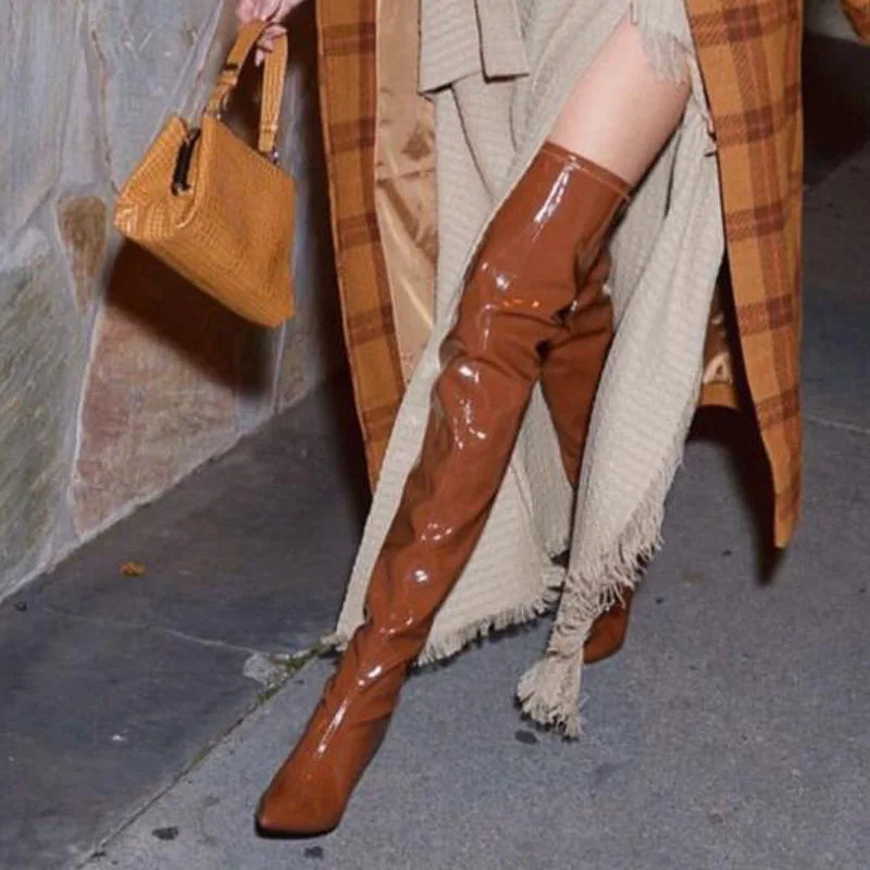 Pointed Toe Side Zipper Elastic Stiletto Over The Knee Boots Punk Solid Patent Leather Sewing Shoes