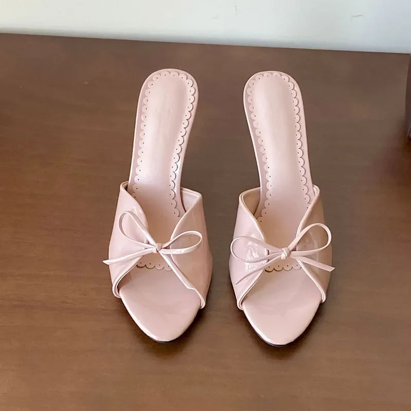 Round Toe Footwear Thin Heels Slides Shoes Butterfly-Knot Slip On High Heels Shoes