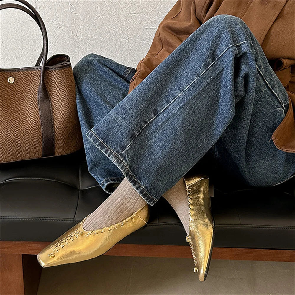 Loafers Walk Loafers Genuine Leather Slip On Flats Shoes Soft Ballet Flats Woman Gold