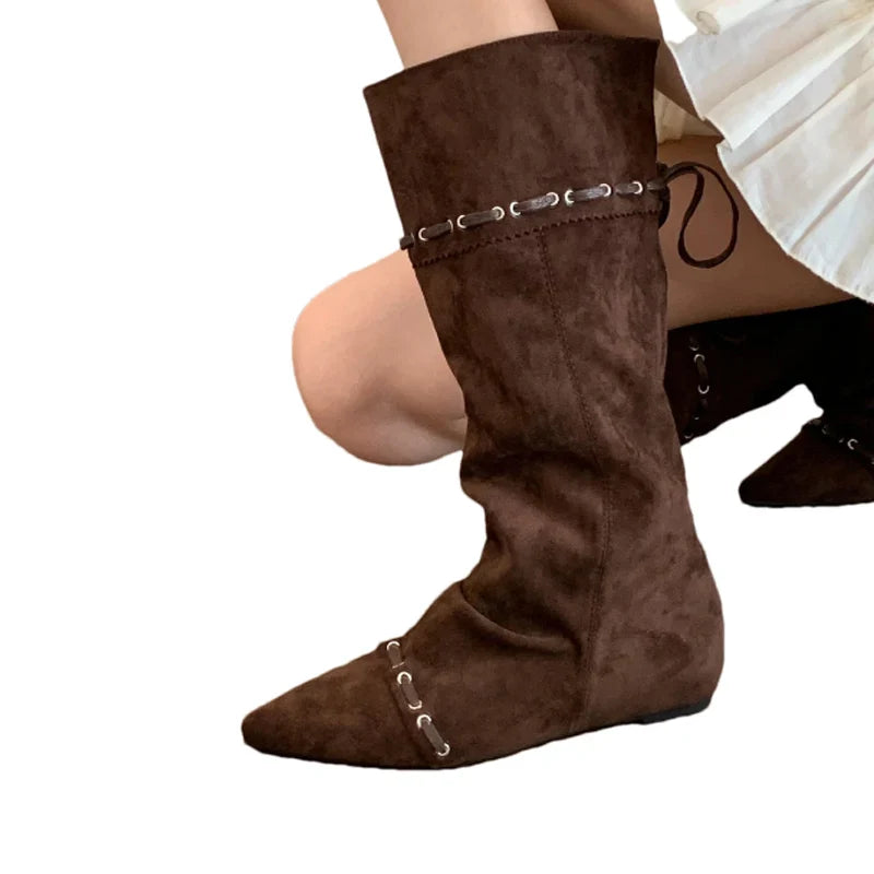 Knee High Boots Pointed Toe Flats Shoes Suede Chelsea Boots Walking Mujer Botas