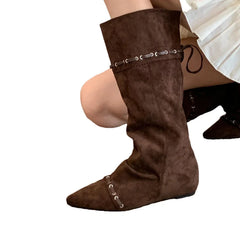 Knee High Boots Pointed Toe Flats Shoes Suede Chelsea Boots Walking Mujer Botas