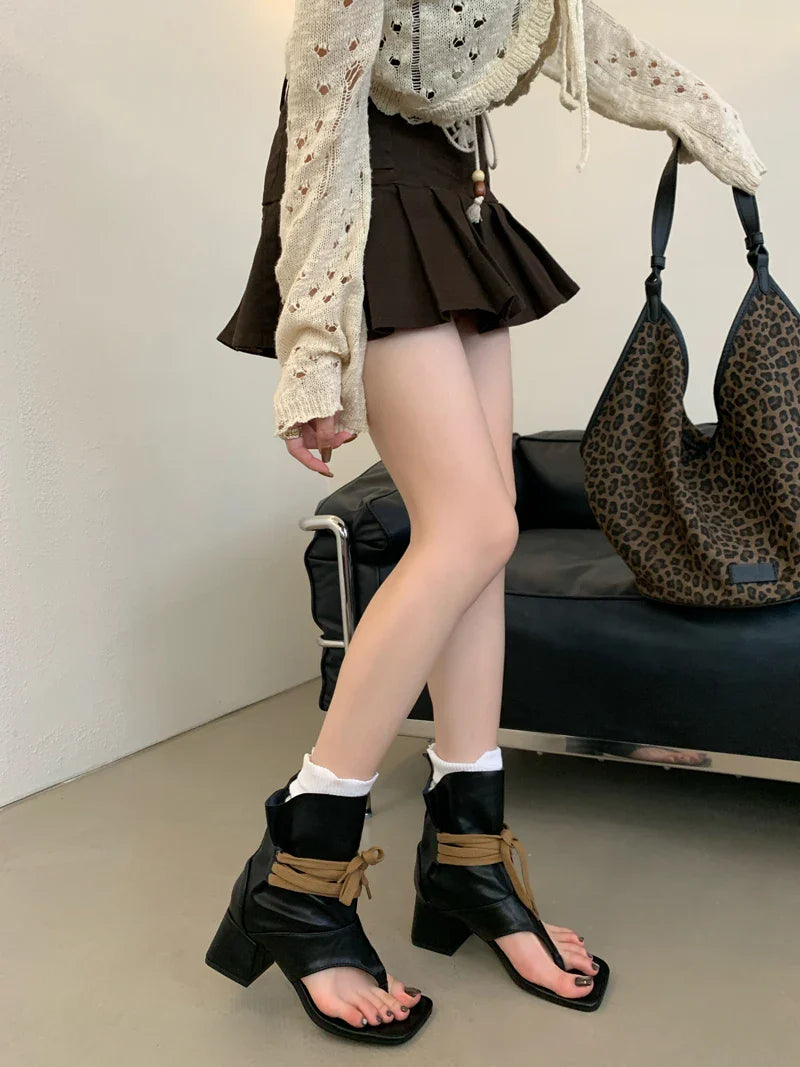 Woman Chunky Heels Boots Thong High-toe Shoes Lace Up High Heels Sandals Trends