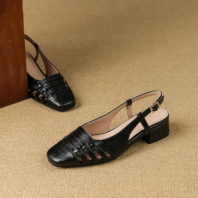 Design Vintage Square Toe Block Heels 3.5cm Back Buckle Strap Big Size 43 Dating Shoes 31 32