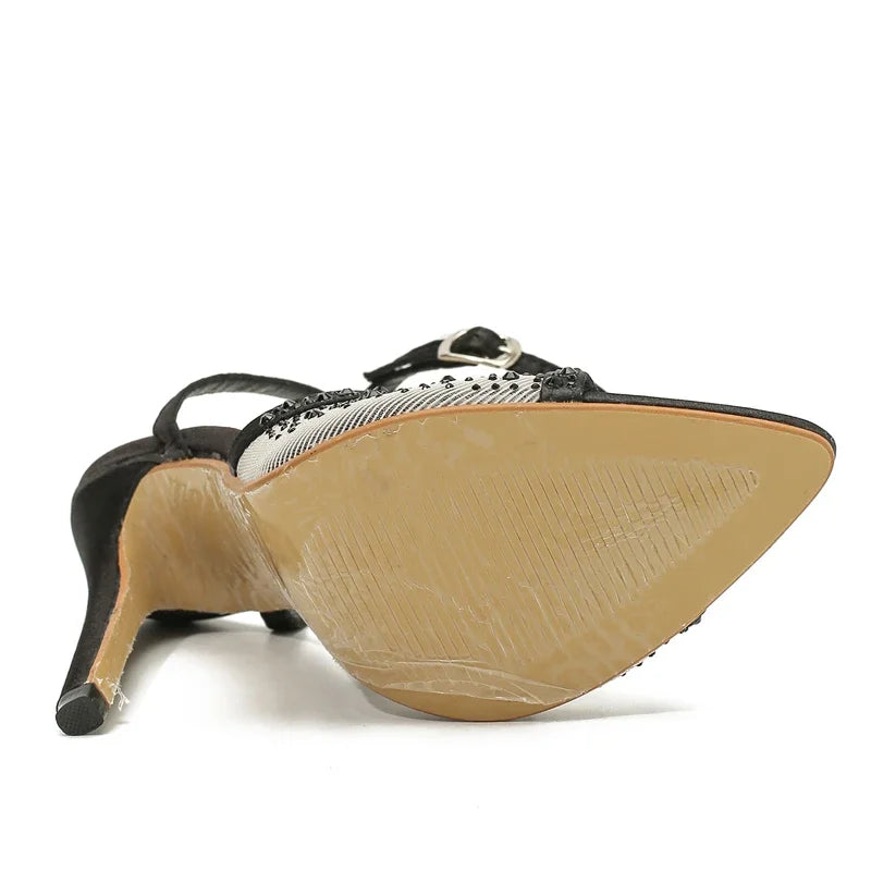 Street Style Crystal Mesh Pointed Toe Elegant Thin Heels Buckle Strap Slingbacks Shoes