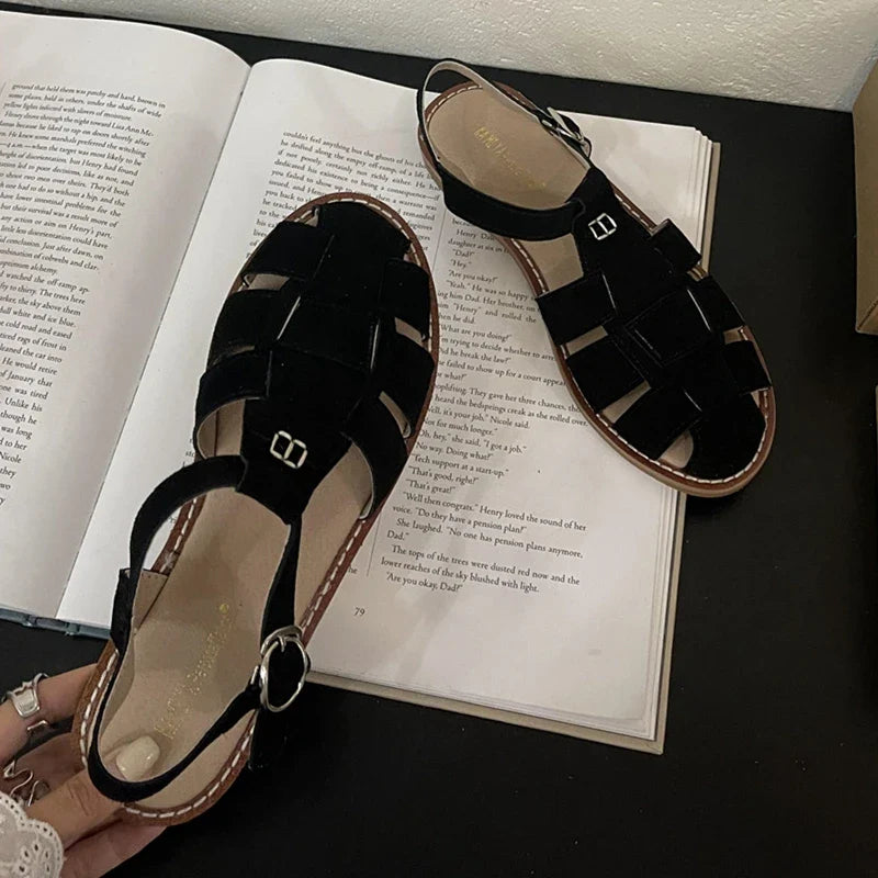 Roman Sandals Flat Retro Real Leather Sandals Hollowed Cage Shoes