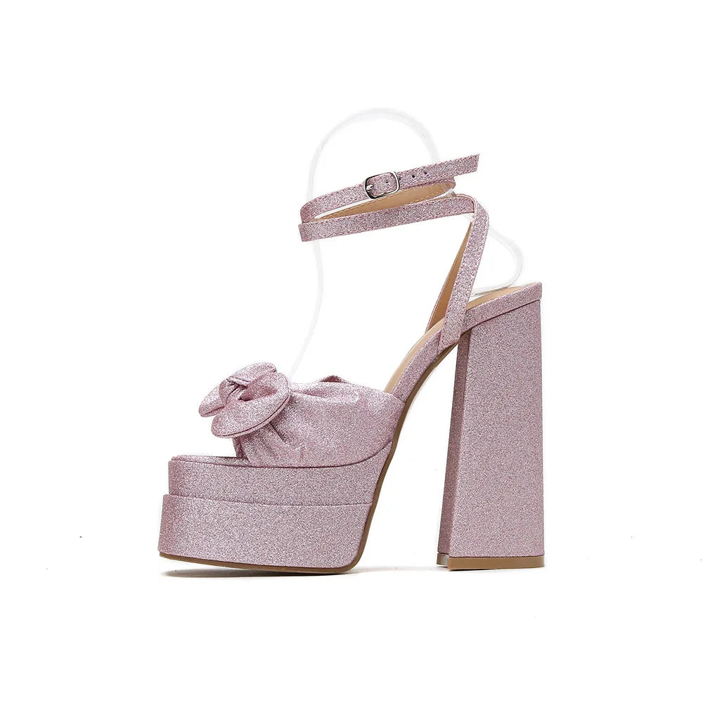 COOL GIRLS PINK PLATFORM HEELSSilver Gold High Heel Sweet Sandals Diamond Large Size Mary Jane Shoes