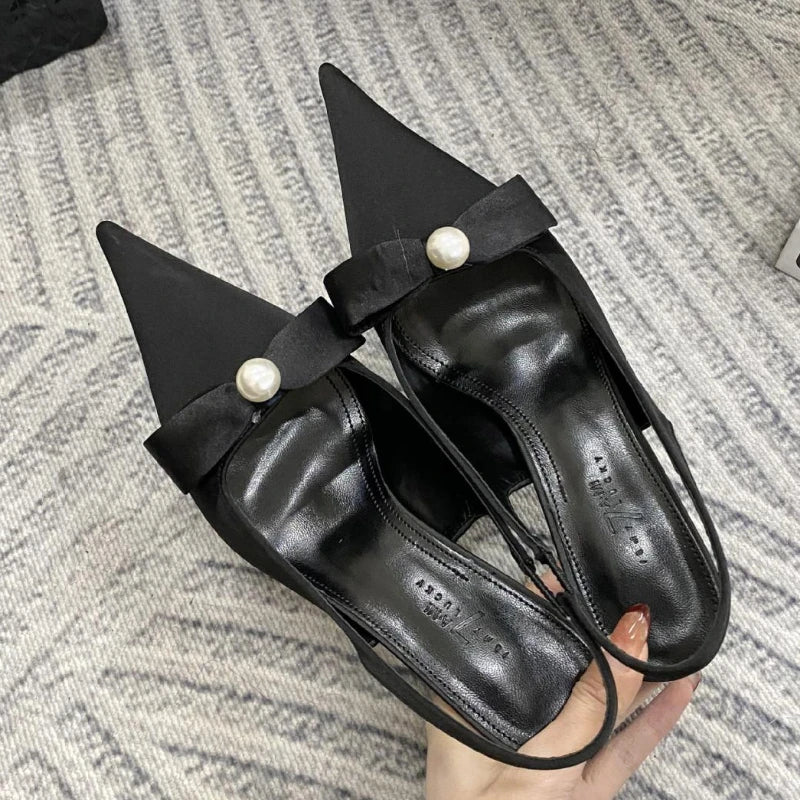 High Quality Satin Bow Pumps Pointed Toe Thin Heeled Backless Brand Shallow Mouth Sandal