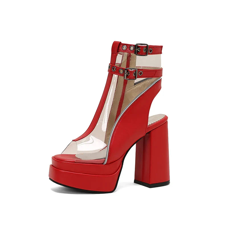 Brand Chic Thick Platform 12cm Super High Heels Ankle Boots Peep Toe Transparent Belt Buckle Slingback Shoes