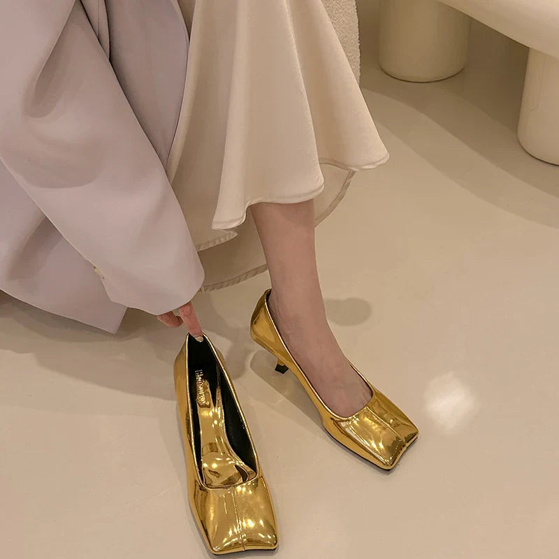 Gold Pumps Shoes Thin High Heels Square Toe Shallow Slip on Work Office Elegant Wedding Shoes
