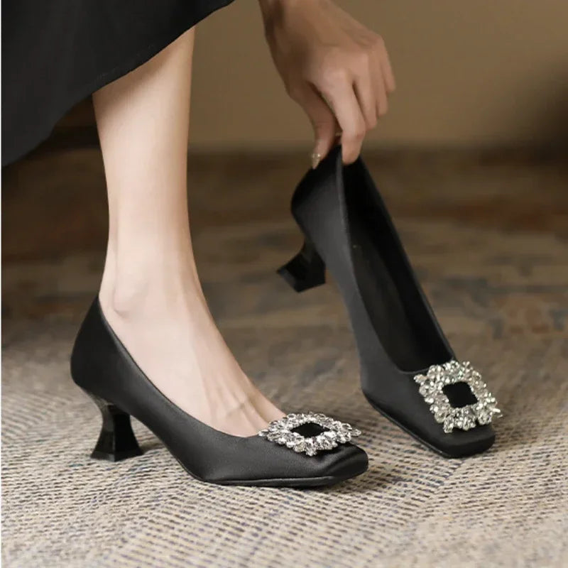 Rhinestone Satin Pumps Square Button Low Heel Office Shoes Elegant Crystal High Heels