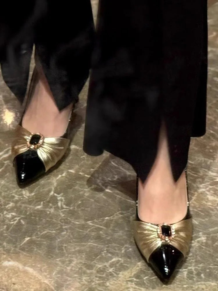Vintage Gemstones Sandals Pointy Toe High Heels Patent Leather Patchwork Golden Strap Causal Shoes Party