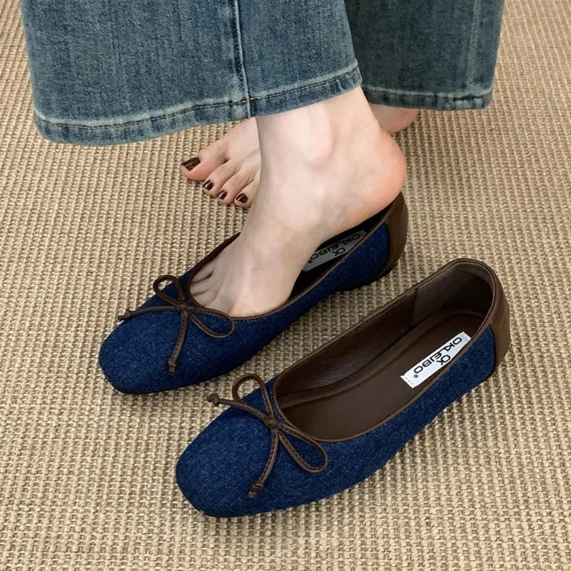 Polka Dot Butterfly-Knot Ballet Flats Round Toe Shallow Comfort Casual Satin Elegant Footwear