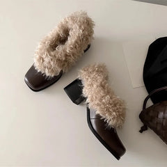Ins style Square toe Patent Leather Wool Warm High heels Loafers Casual Girls Chunky Shoes