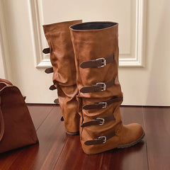 Knee-high Boots Shoes Woman Knight Boots Woman Buckle Chelsea Long Botas Pu Leather Motorcycle Shoes