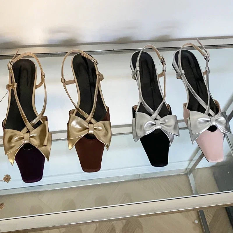 Sweet Butterfly-knot Low Heel Mules Shallow Elegant Comfy Cross-tied Square Toe Slingback Sandals