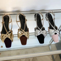 Sweet Butterfly-knot Low Heel Mules Shallow Elegant Comfy Cross-tied Square Toe Slingback Sandals