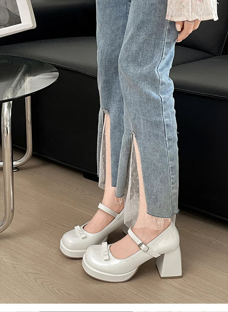 Thick Heel Mary Jane Shoes Outdoor Butterfly-knot Shoes Elegant Wedding Party Pumps