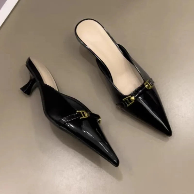 Pointed Toe Shoes Leather Shallow Mouth Comfortable Casual High Heel Sandals Slippers35-40