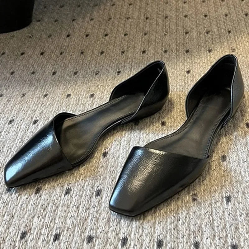High Quality Retro Leather Flats Shoes Oblique Square Toe Hollow Mules Sandals Cozy Ballet Flats Loafers
