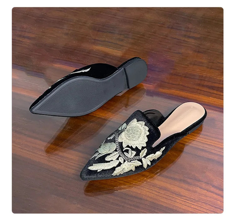 Embroidery Velour Shoes Woman Strange Heel Slippers Design Mules Femme Pointed Toe Wedges Tacones Slides Slip On Pantuflas Mujer