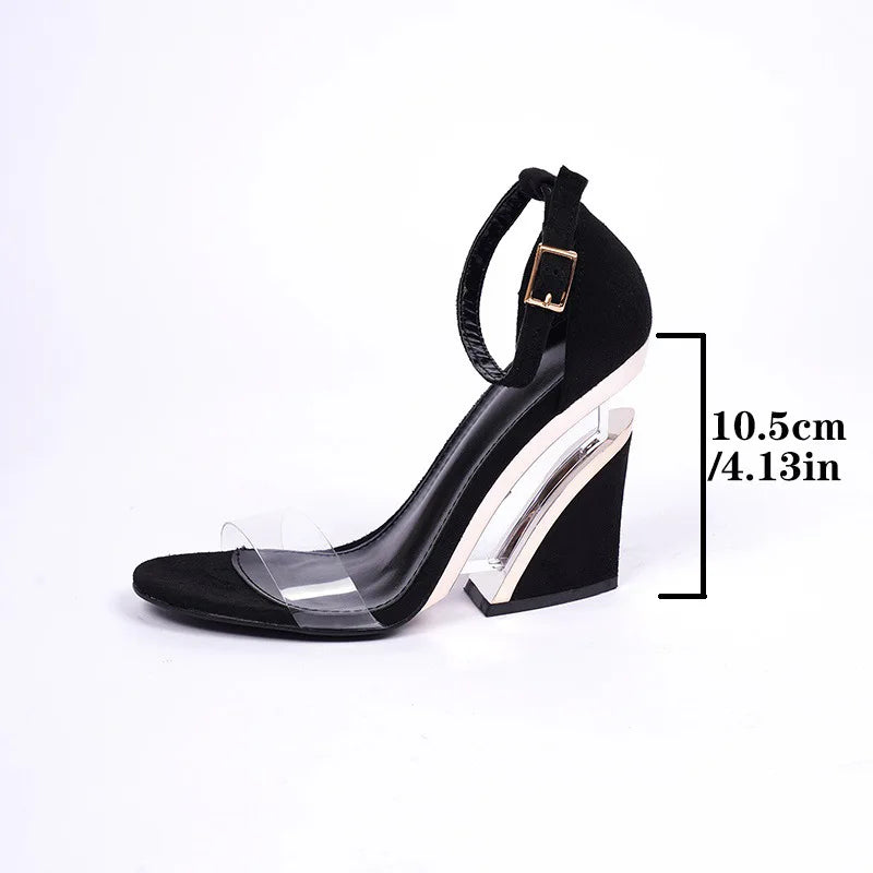 Hemegot Wedges High Heels Crystal Transparent Heel Pvc Strap Buckle Black Color Shoes Dressing Salto