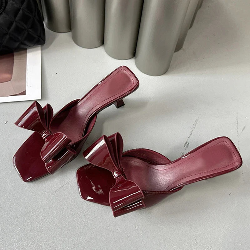 Patent Leather Butterfly Knot Slippers Square Toe Low Thin Heels Mules Slides Shoes Size 39