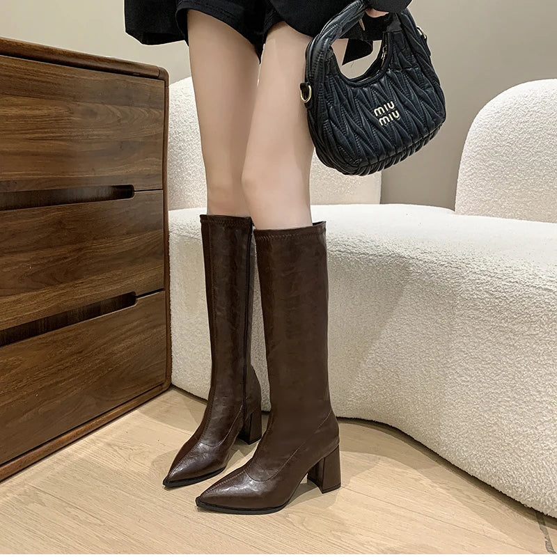 Knee High Boots Knight Long Booties Square High Heels Shoes Botas Mujer