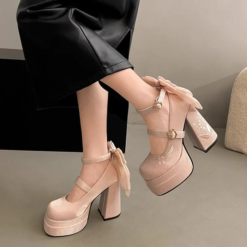 Pink Lolita High Heels Pumps Cute Bow Round Ankle Straps Chunky Platform Mary Jane Shoes Embroidered Heels