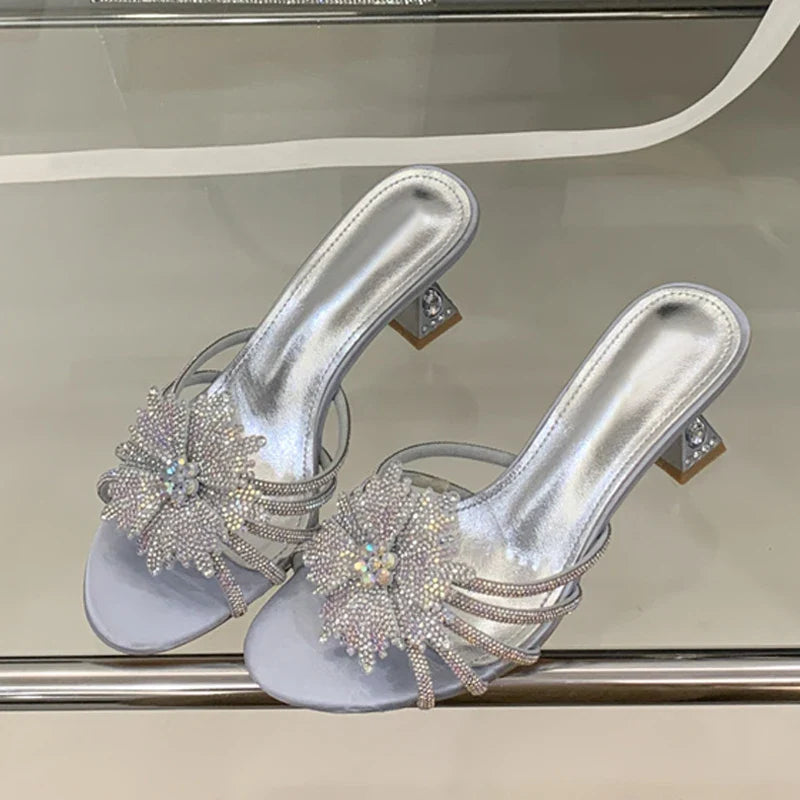 Gold Silver Crystal Gem Strange Low Heels Slippers Rhinestone Flowers Party Prom Shoes Mules Sandals