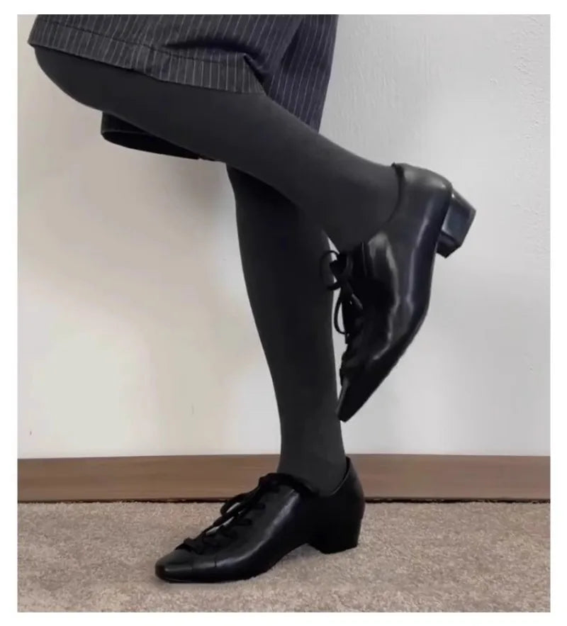 Black British Style Leather Shoes Retro Lace Up Mid Heel Pumps Comfortable Elegant Commuter Office Shoes Zapatos De Mujer