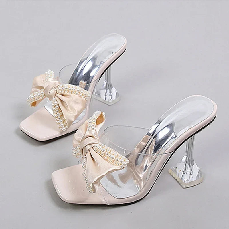 Pearl Bow Slipper Transparent PVC High Heeled Non Slip Mule Shoes