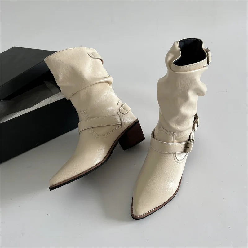 Western Cowboy Boots Vintage Slip On Thick Heel Shoes Mid Calf Botas Zapatos De Mujer