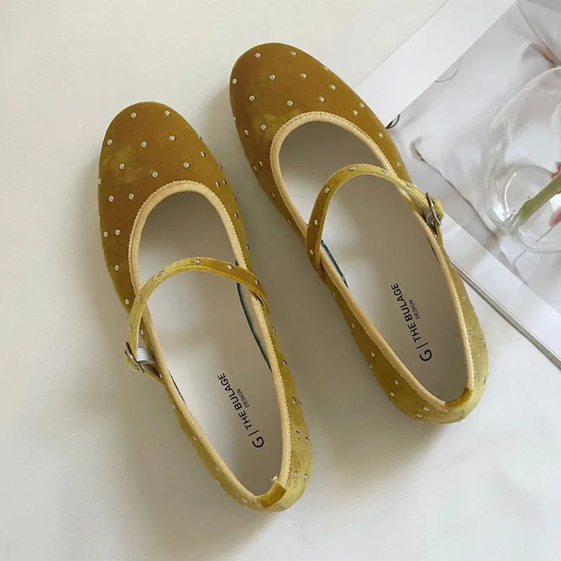 Cute Satin Velvet Rivet Decoration Flat Shoes Comfort Mary Jane Shoe Elegant Ballet Flats Loafers