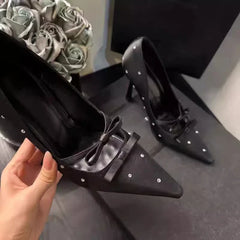 Thin Heel Shallow Mouth Single Shoes Banquet Bow Pointed Water Diamond Silk High Heels