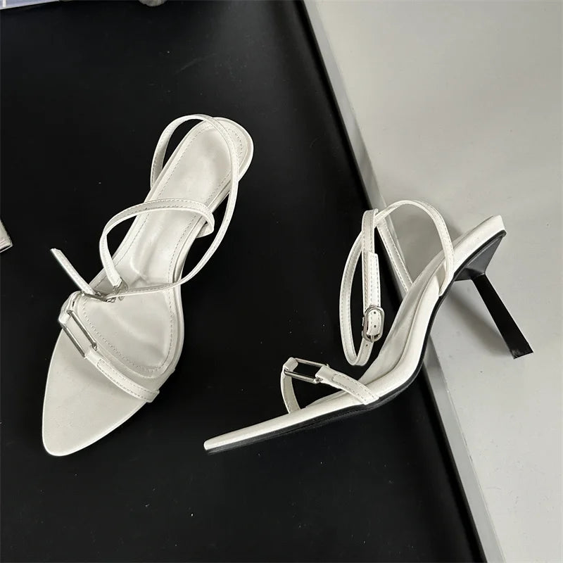 Hollow Out Sandals Pointed Toe Thin High Heels Wedding Shoes Ankle Buckle Strap Pumps