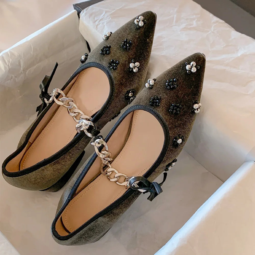 velvet pointed toe slip-on mary jane flats beading decoration casual ballet flats sweet ballerians shoes