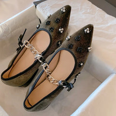 velvet pointed toe slip-on mary jane flats beading decoration casual ballet flats sweet ballerians shoes