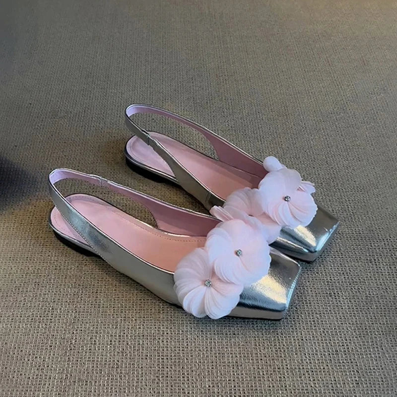Flower Mules Sandals Square Toe Slip On Singbacks Shoes Elegant Dress Flats Sandalias