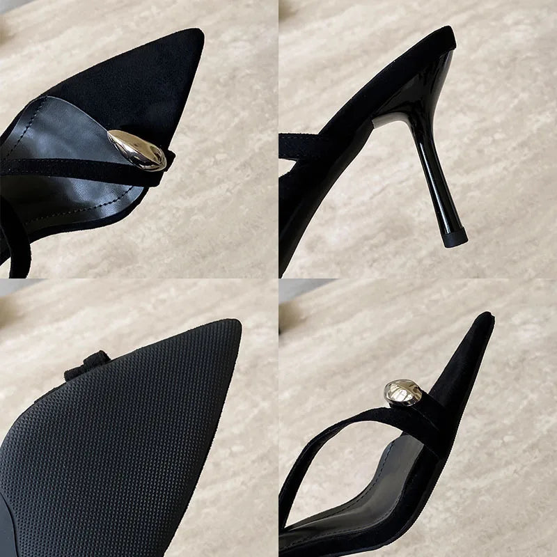 Pointed Toe High Heels Pumps Slides Shoes Slip Metal Thin Heels Shoes Flip flops