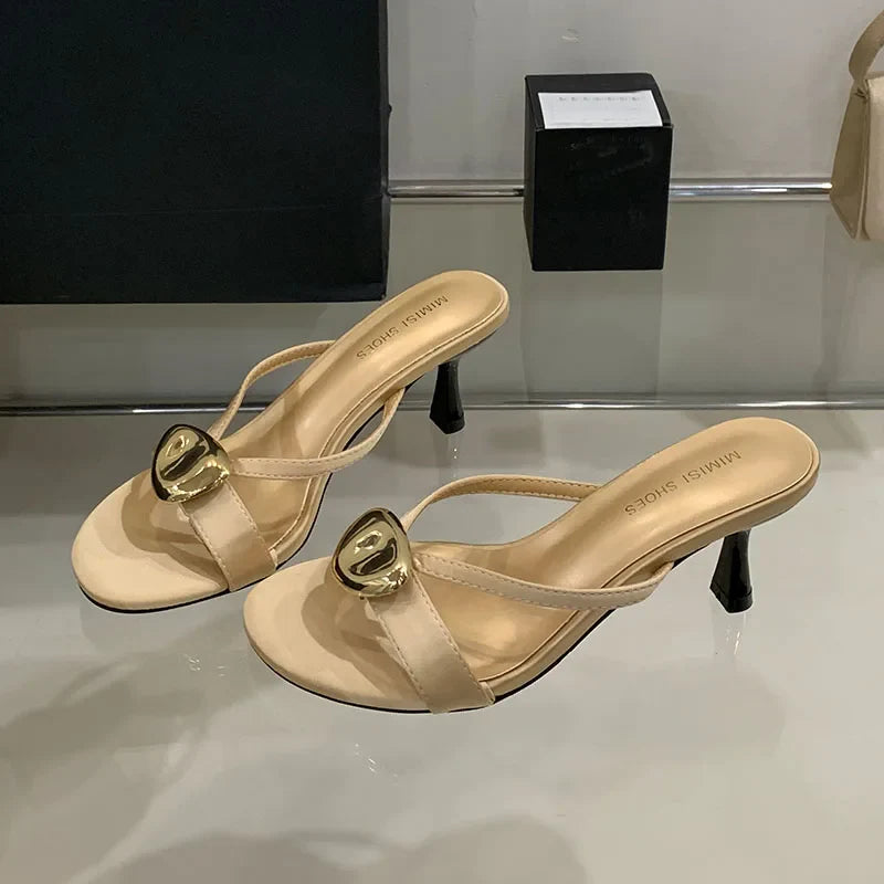 Metal High Heels Pumps Slides Shoes In Slip Round Toe Thin Heels Shoes