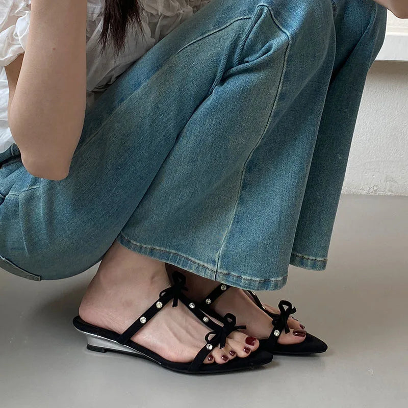 Footwear Pointed Toe Wedges Slippers Slides Butterfly-Knot Heeled Sandals